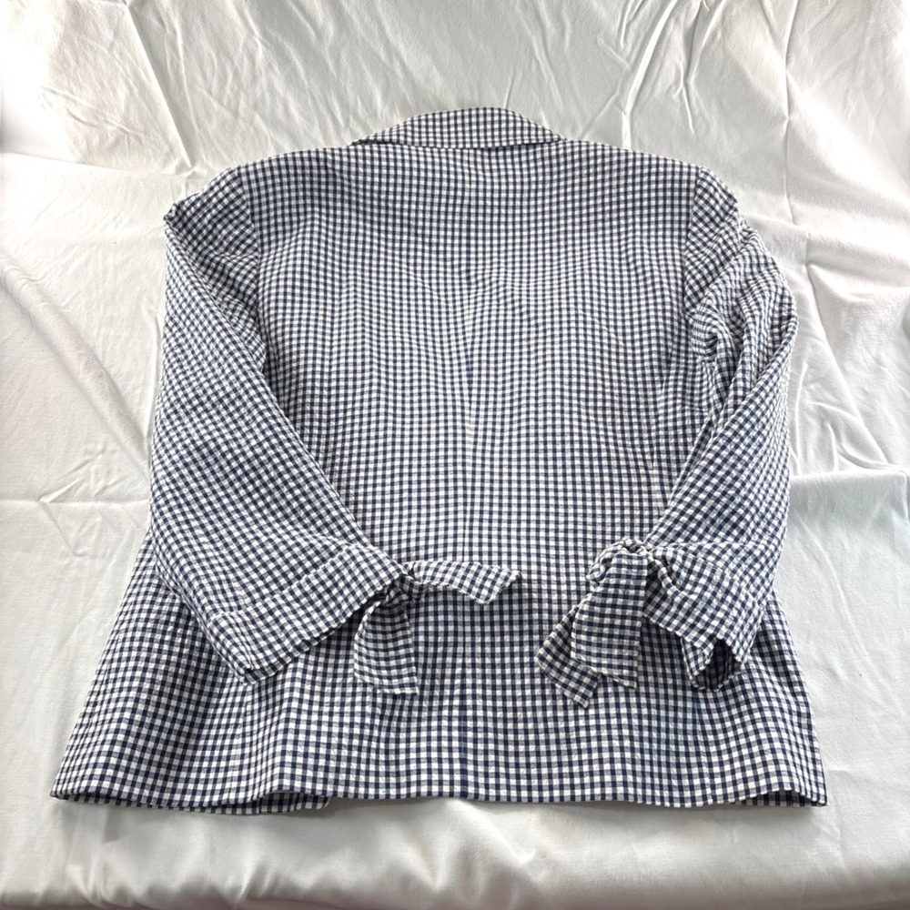 Anne Klein Navy White Gingham Checkered Tie Cuff Blazer Jacket Womens Medium - Picture 5 of 6
